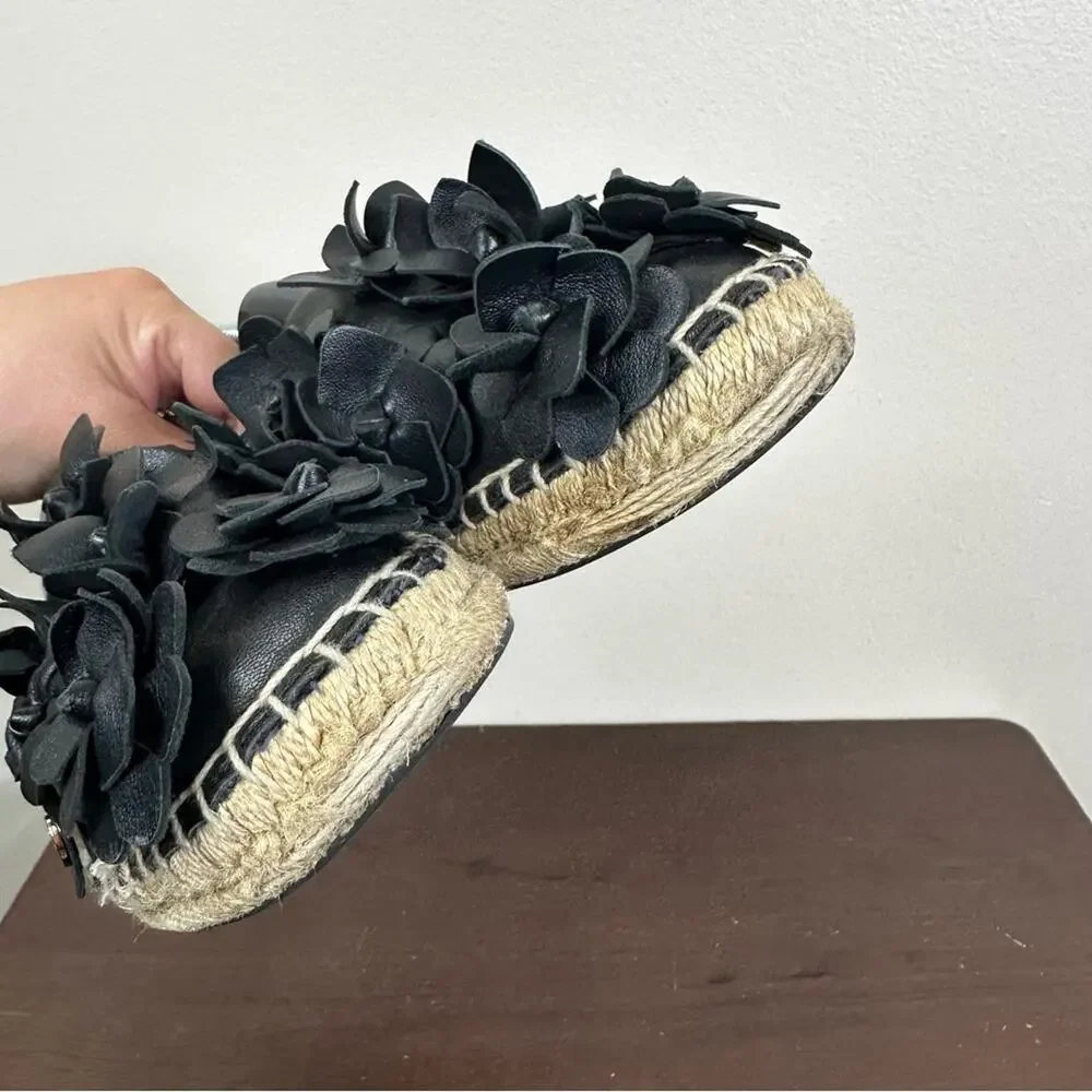 Tory Burch Blossom Espadrille Flats Womens 8.5 Black Leather Flowers Shoes